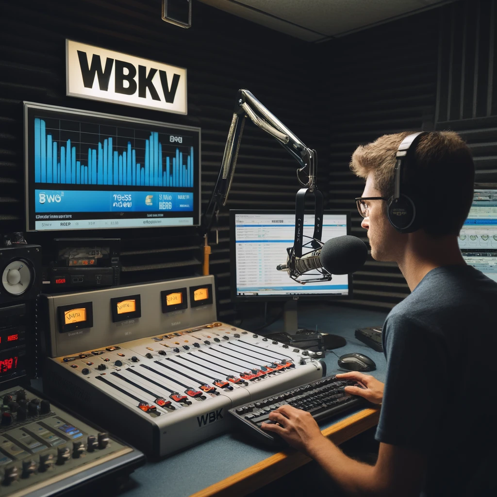 Wbkv AM Radio studio with a broadcaster at the microphone.