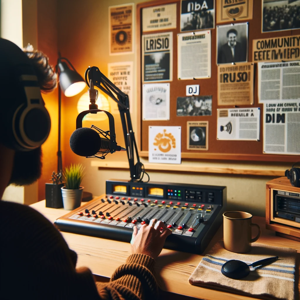 A cozy radio station studio with a microphone, headphones, and a soundboard.